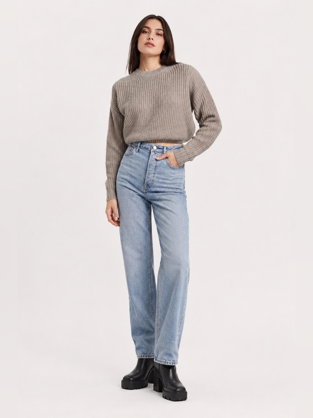 🤍 Elodie Rib Knit Cropped Sweater Women’s Large NWT Neutral Tones
